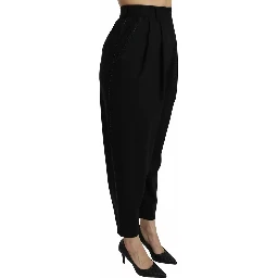 Black Wool High Waist Pleat Front Cropped Pants