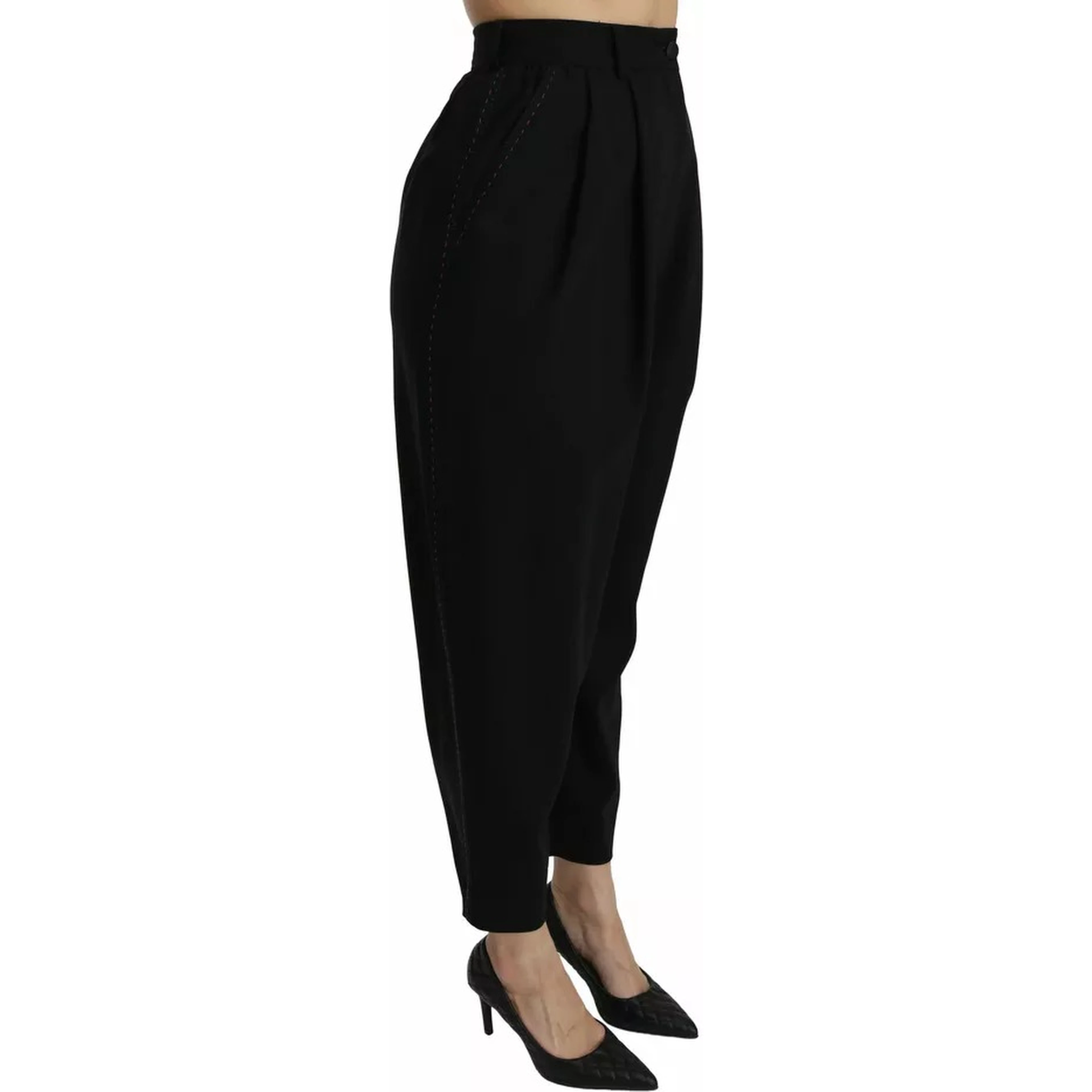 Black Wool High Waist Pleat Front Cropped Pants