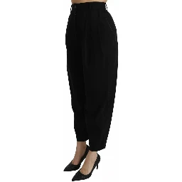 Black Wool High Waist Pleat Front Cropped Pants