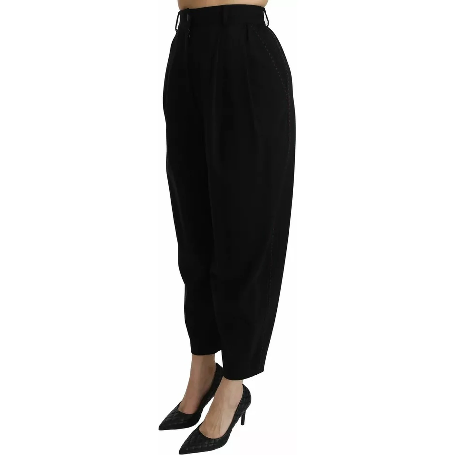 Black Wool High Waist Pleat Front Cropped Pants