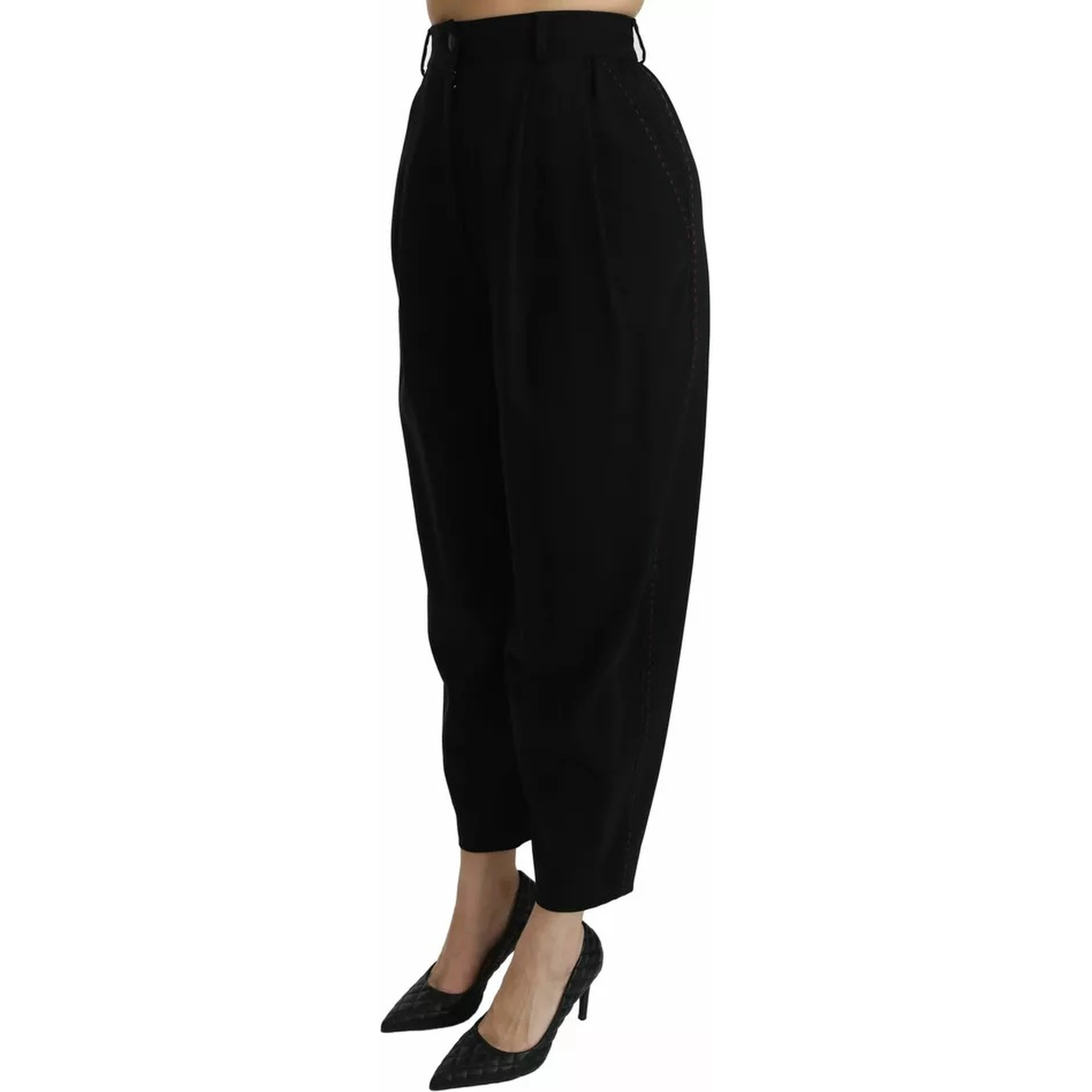 Black Wool High Waist Pleat Front Cropped Pants