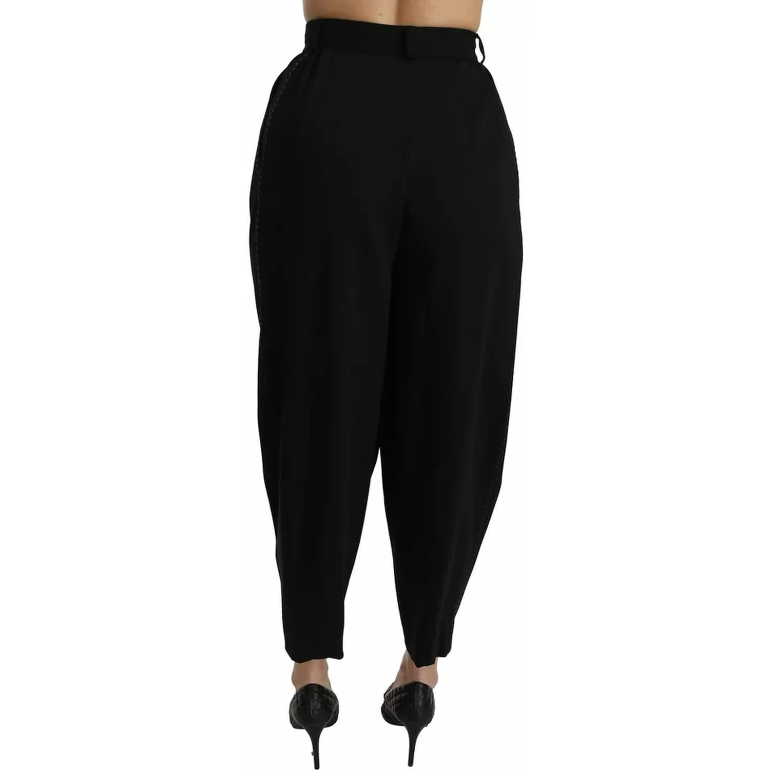 Black Wool High Waist Pleat Front Cropped Pants
