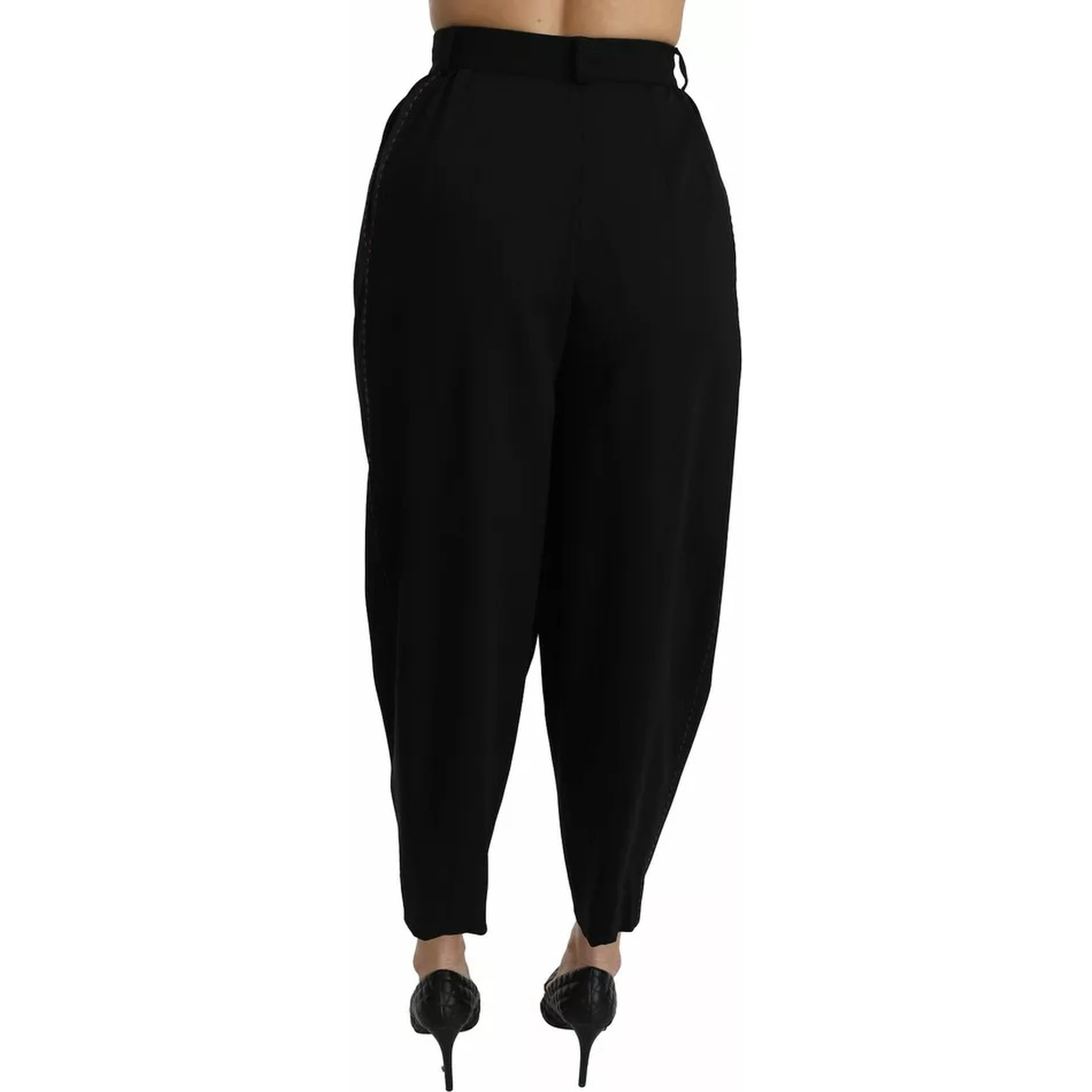 Black Wool High Waist Pleat Front Cropped Pants