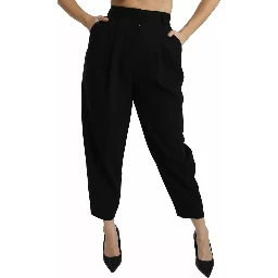 Black Wool High Waist Pleat Front Cropped Pants