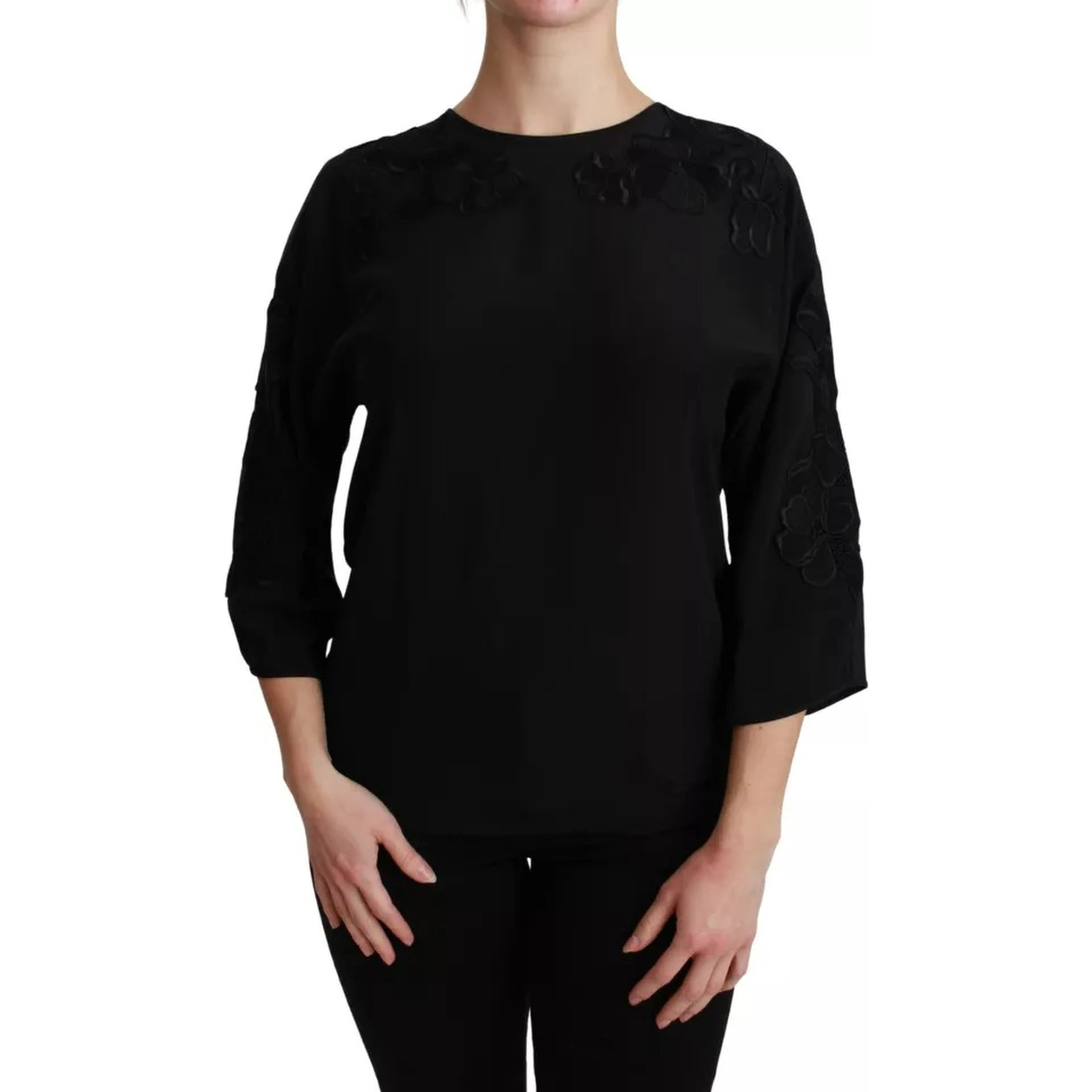 Black Floral Embroidered Blouse Silk Top
