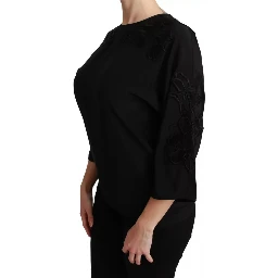 Black Floral Embroidered Blouse Silk Top