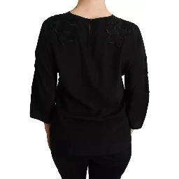 Black Floral Embroidered Blouse Silk Top
