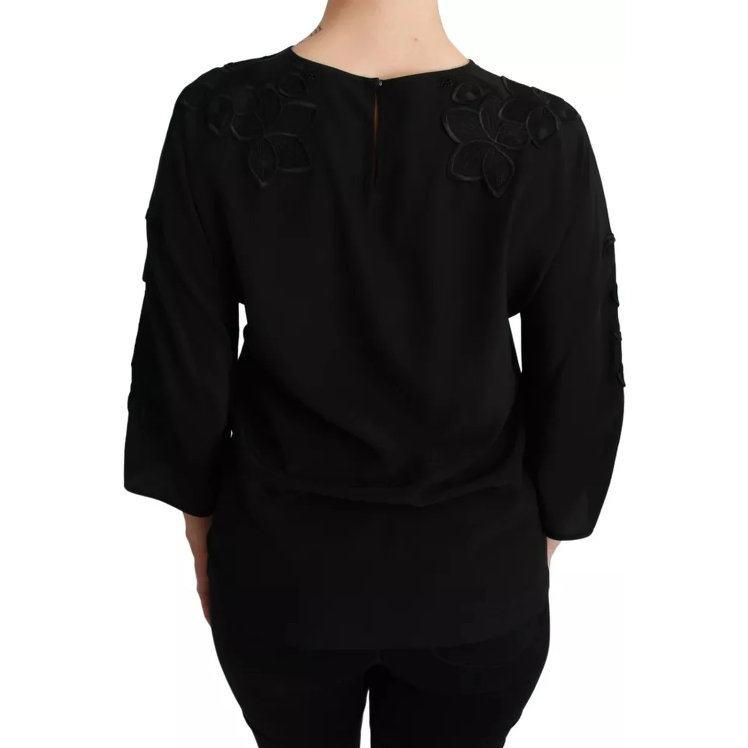 Black Floral Embroidered Blouse Silk Top