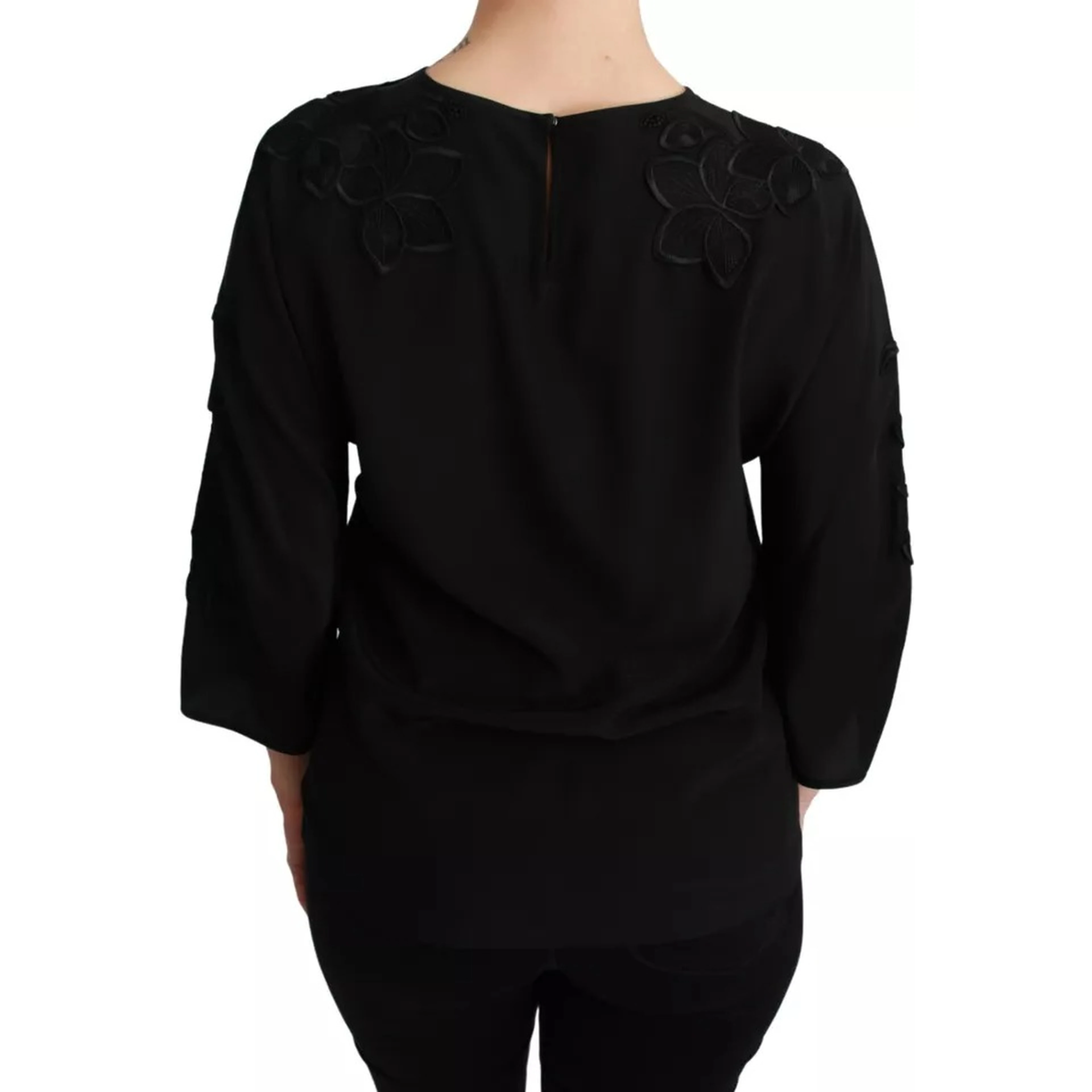 Black Floral Embroidered Blouse Silk Top
