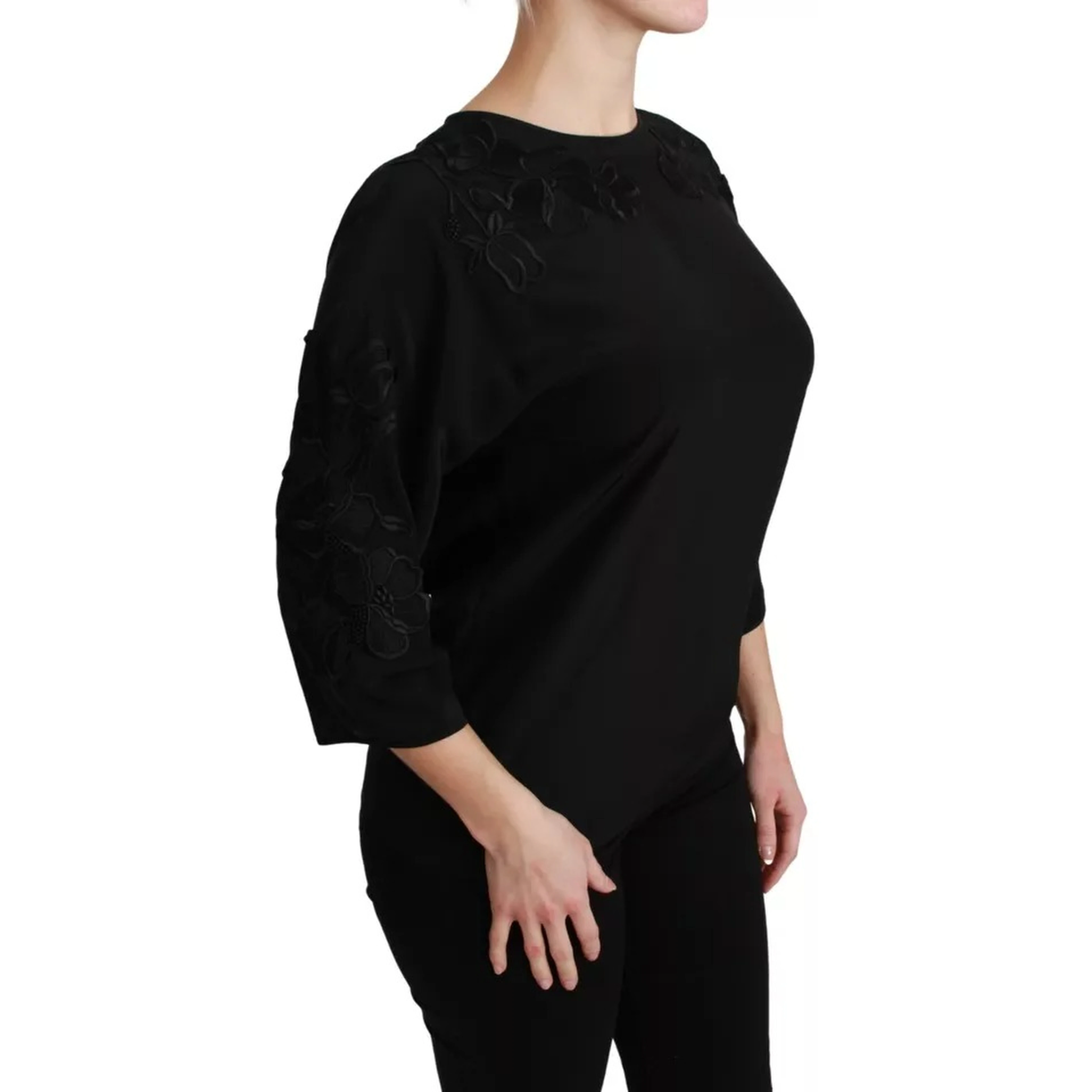 Black Floral Embroidered Blouse Silk Top