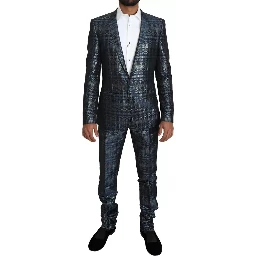 Blue Silver Shiny 2 Piece Slim GOLD Suit