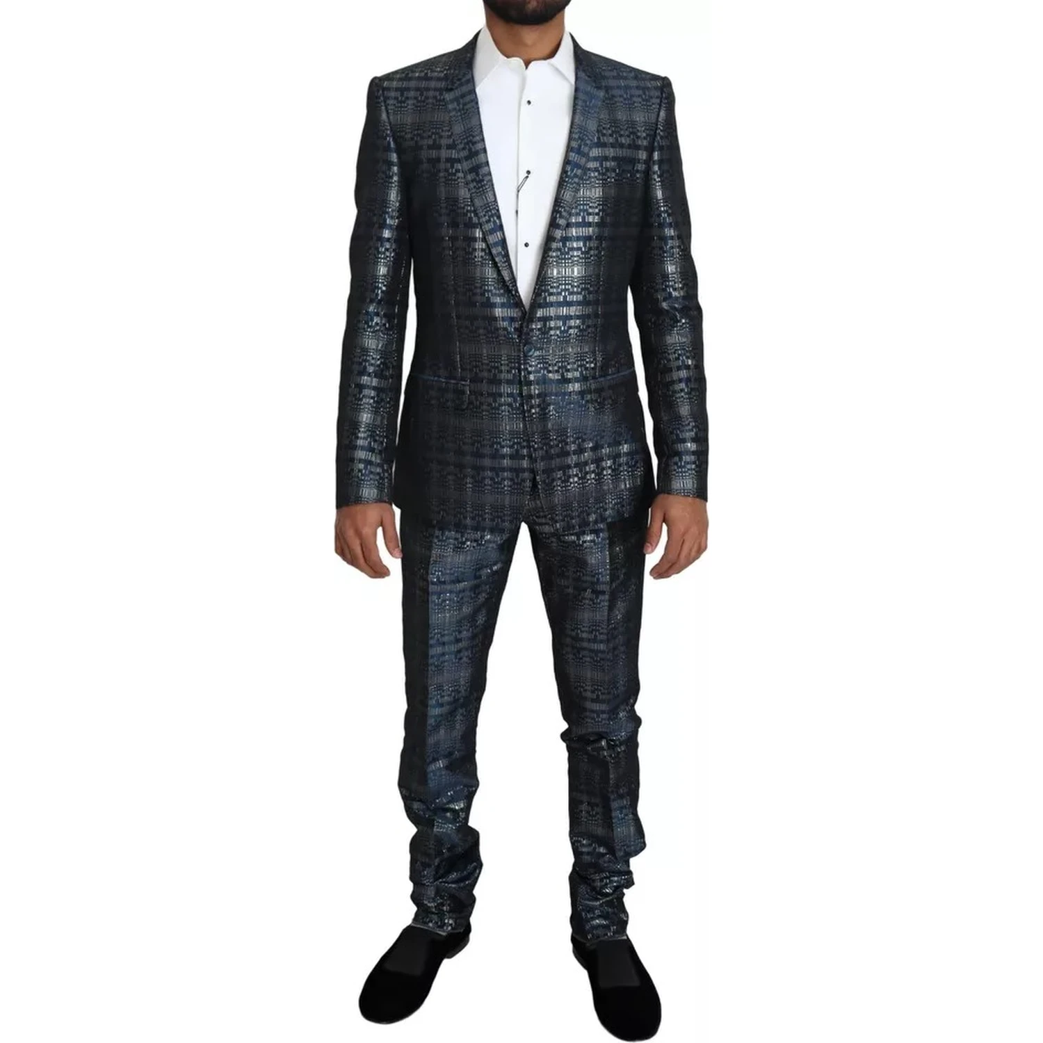Blue Silver Shiny 2 Piece Slim GOLD Suit