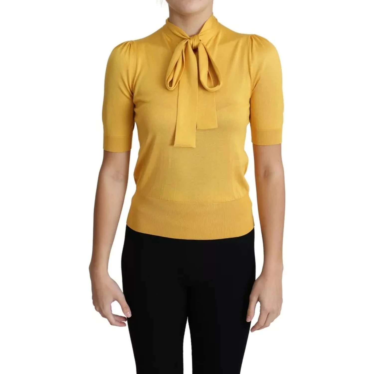 Yellow Silk Knit Pullover Ascot Collar Top