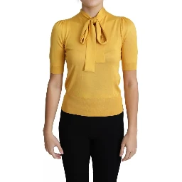 Yellow Silk Knit Pullover Ascot Collar Top