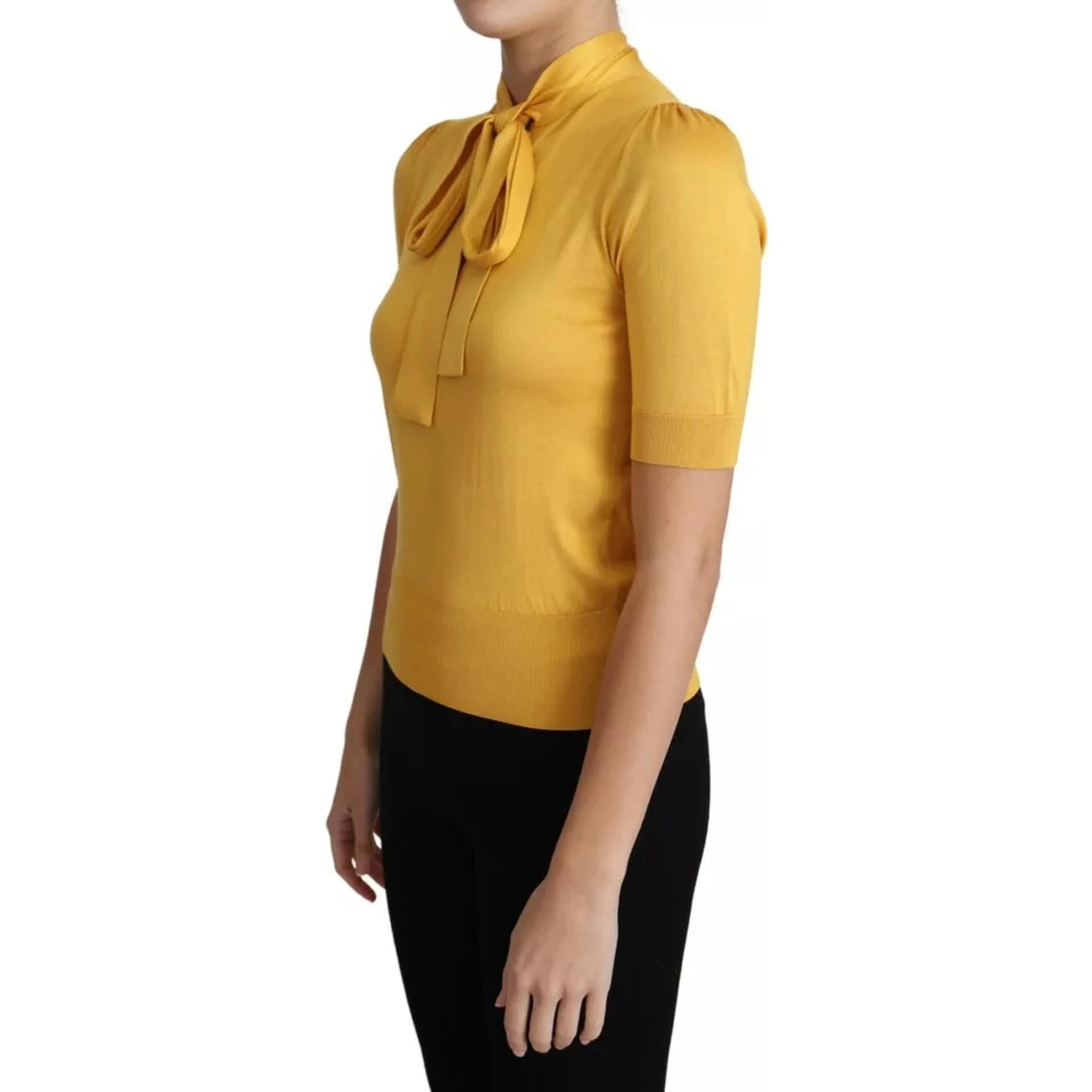 Yellow Silk Knit Pullover Ascot Collar Top