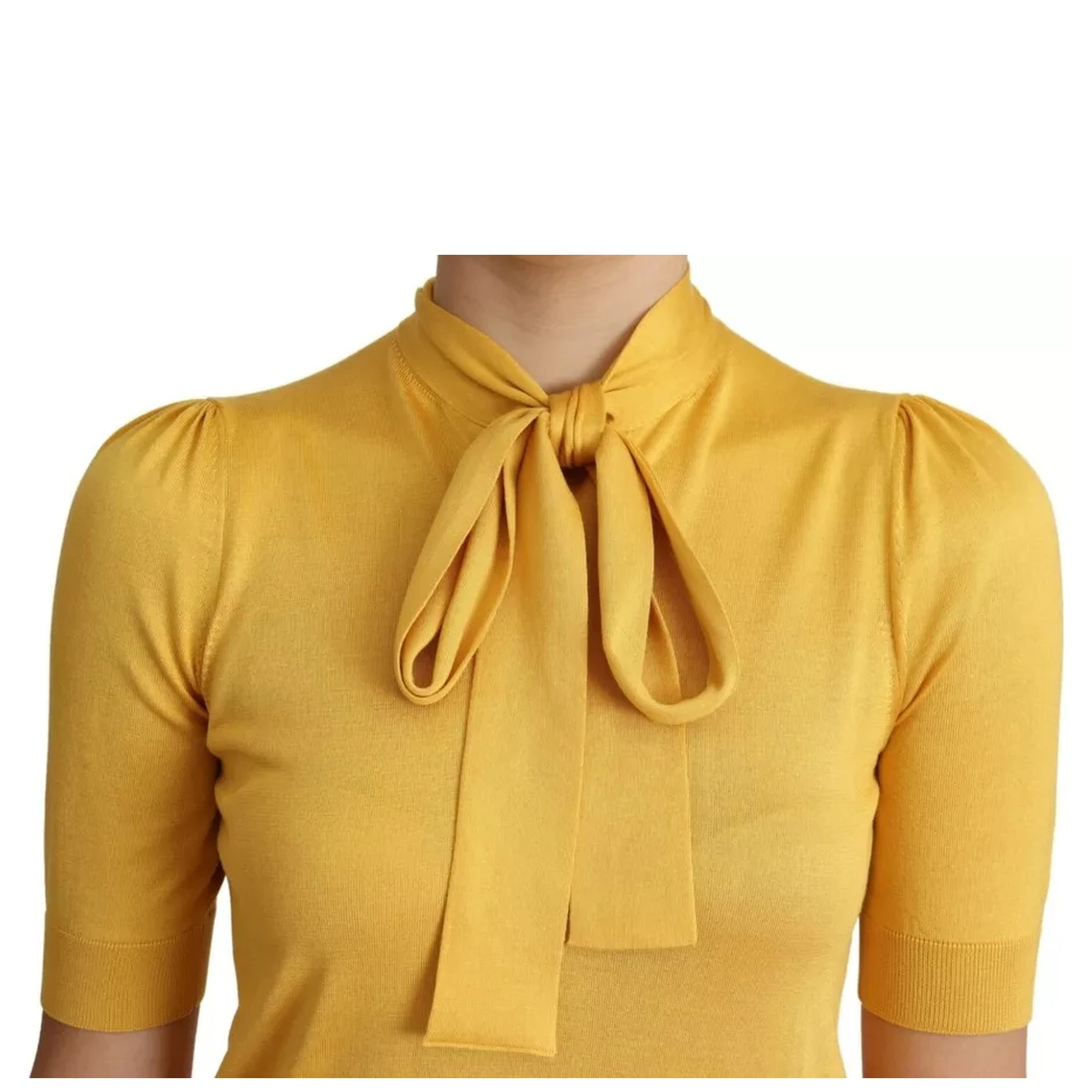 Yellow Silk Knit Pullover Ascot Collar Top