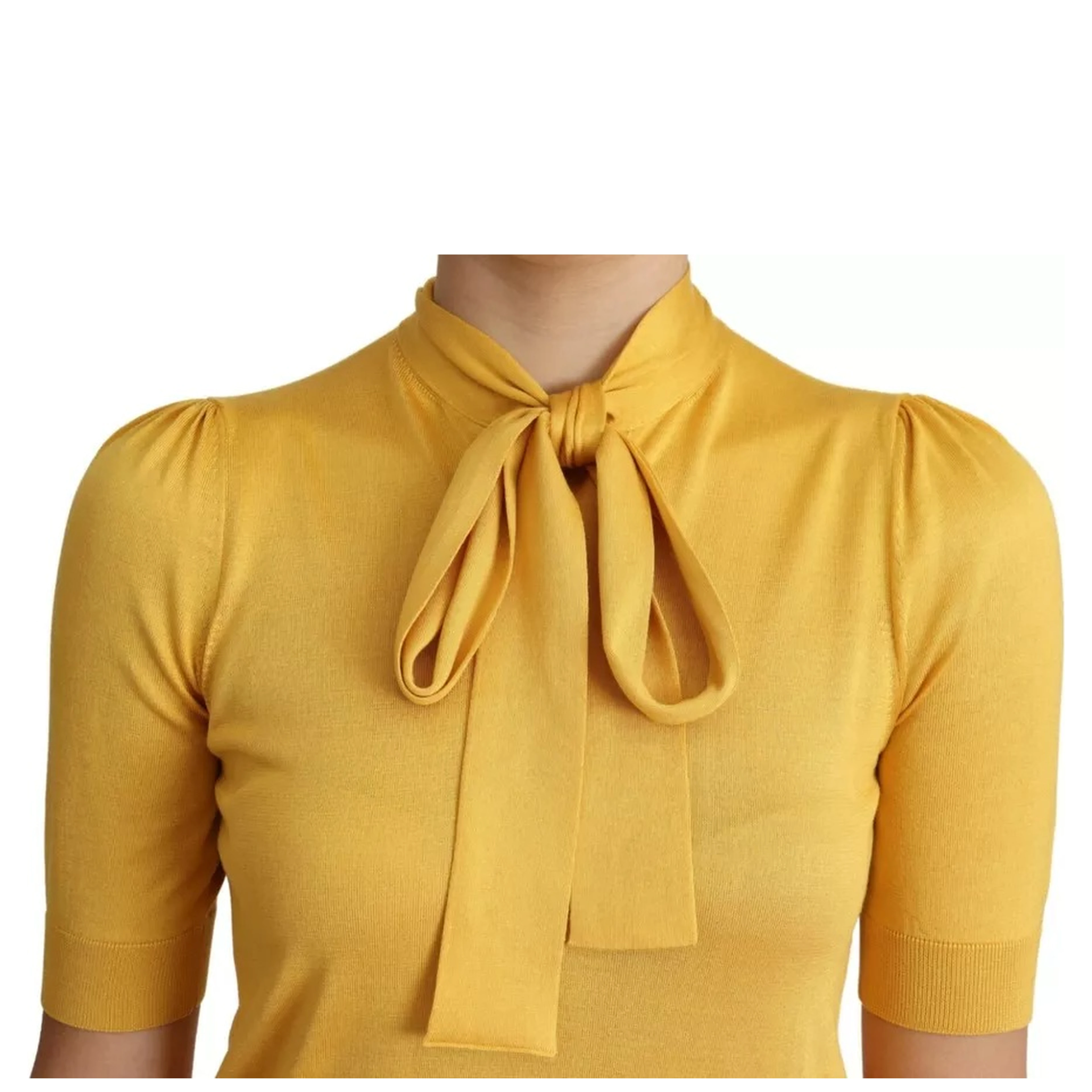 Yellow Silk Knit Pullover Ascot Collar Top