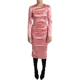 Pink Long Sleeves Bodycon Sheath Midi Dress