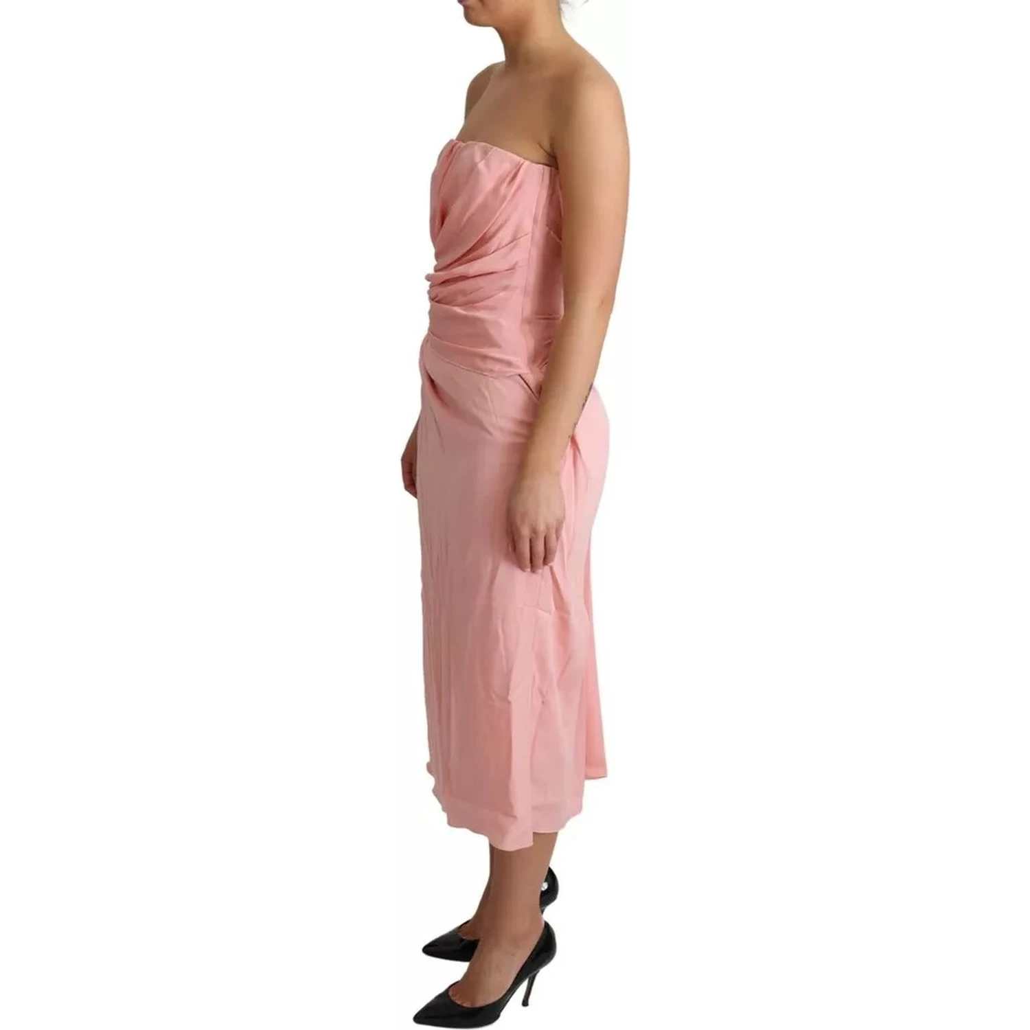 Pink Silk Stretch Strapless Sheath Midi Dress