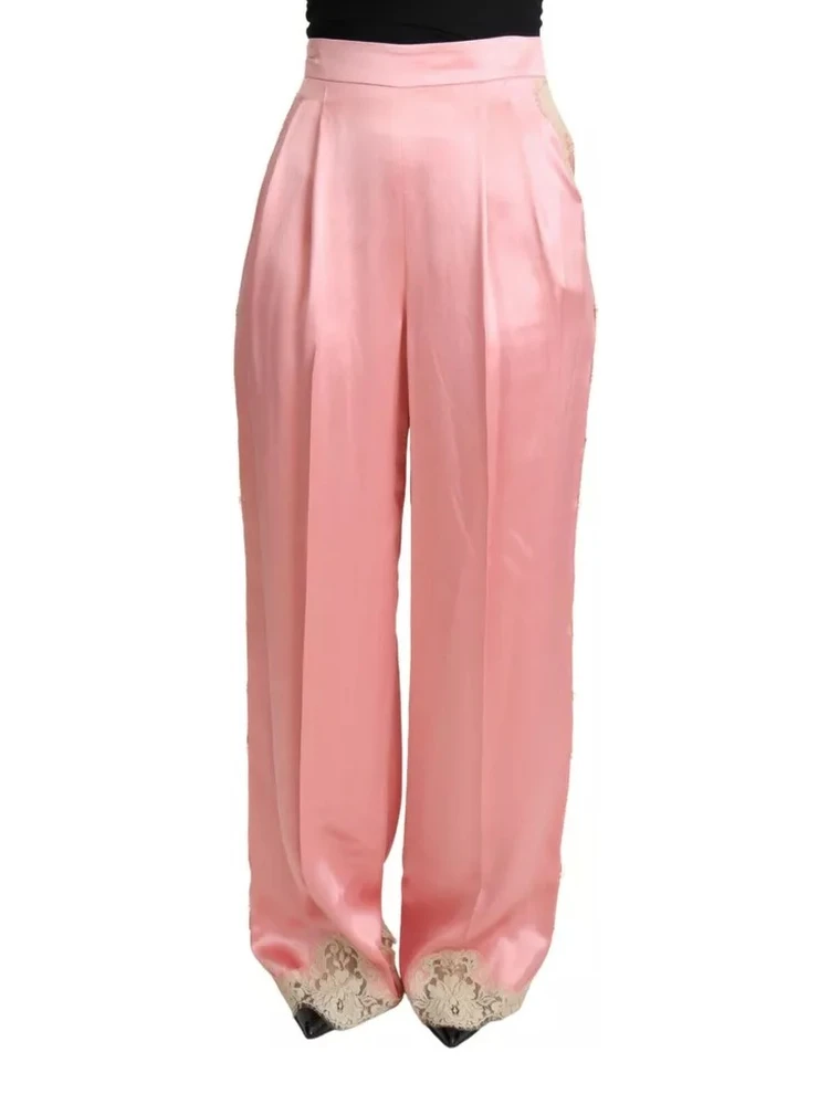 Pink Lace Trimmed Silk Satin Wide Legs Pants