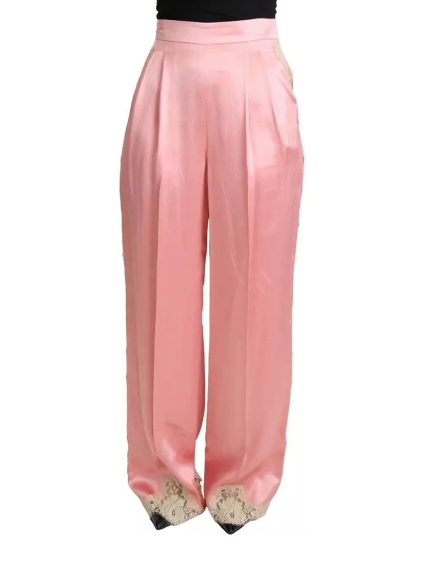 Pink Lace Trimmed Silk Satin Wide Legs Pants
