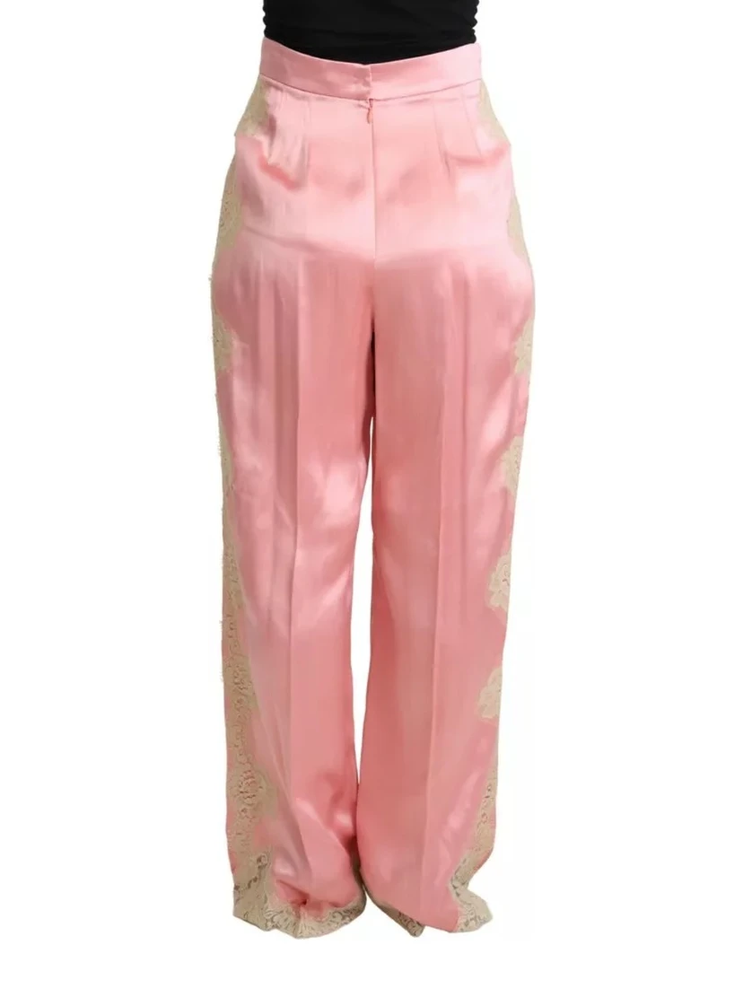 Pink Lace Trimmed Silk Satin Wide Legs Pants