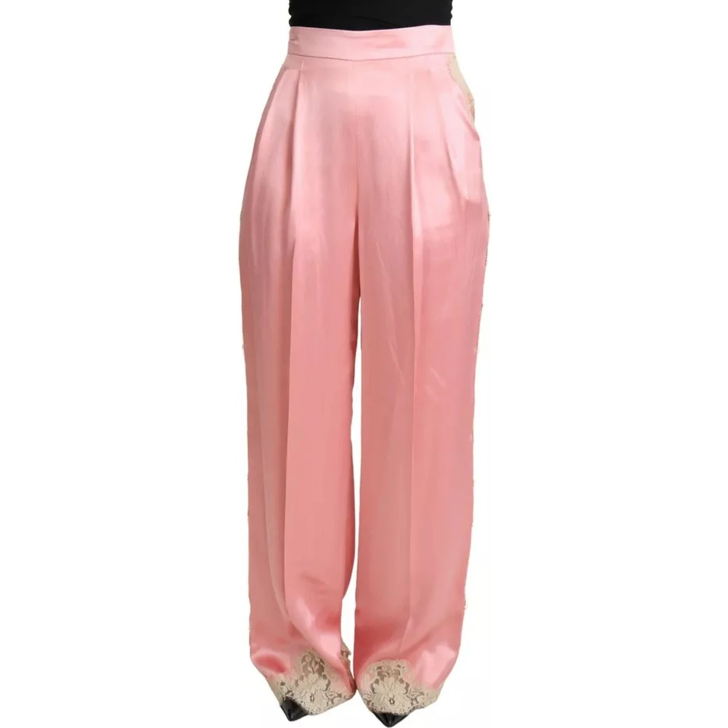 Pink Lace Trimmed Silk Satin Wide Legs Pants