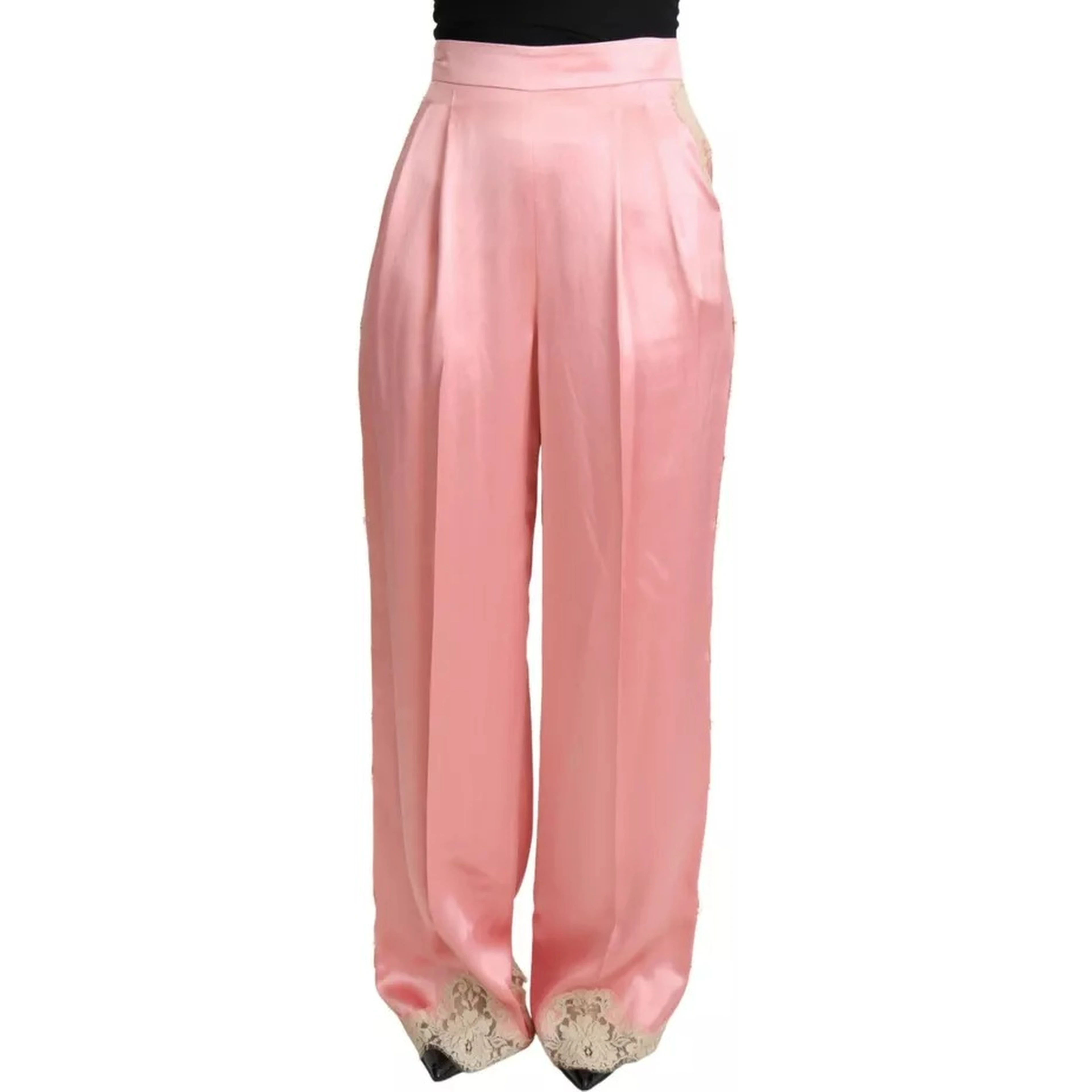 Pink Lace Trimmed Silk Satin Wide Legs Pants
