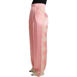 Pink Lace Trimmed Silk Satin Wide Legs Pants