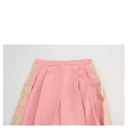 Pink Lace Trimmed Silk Satin Wide Legs Pants