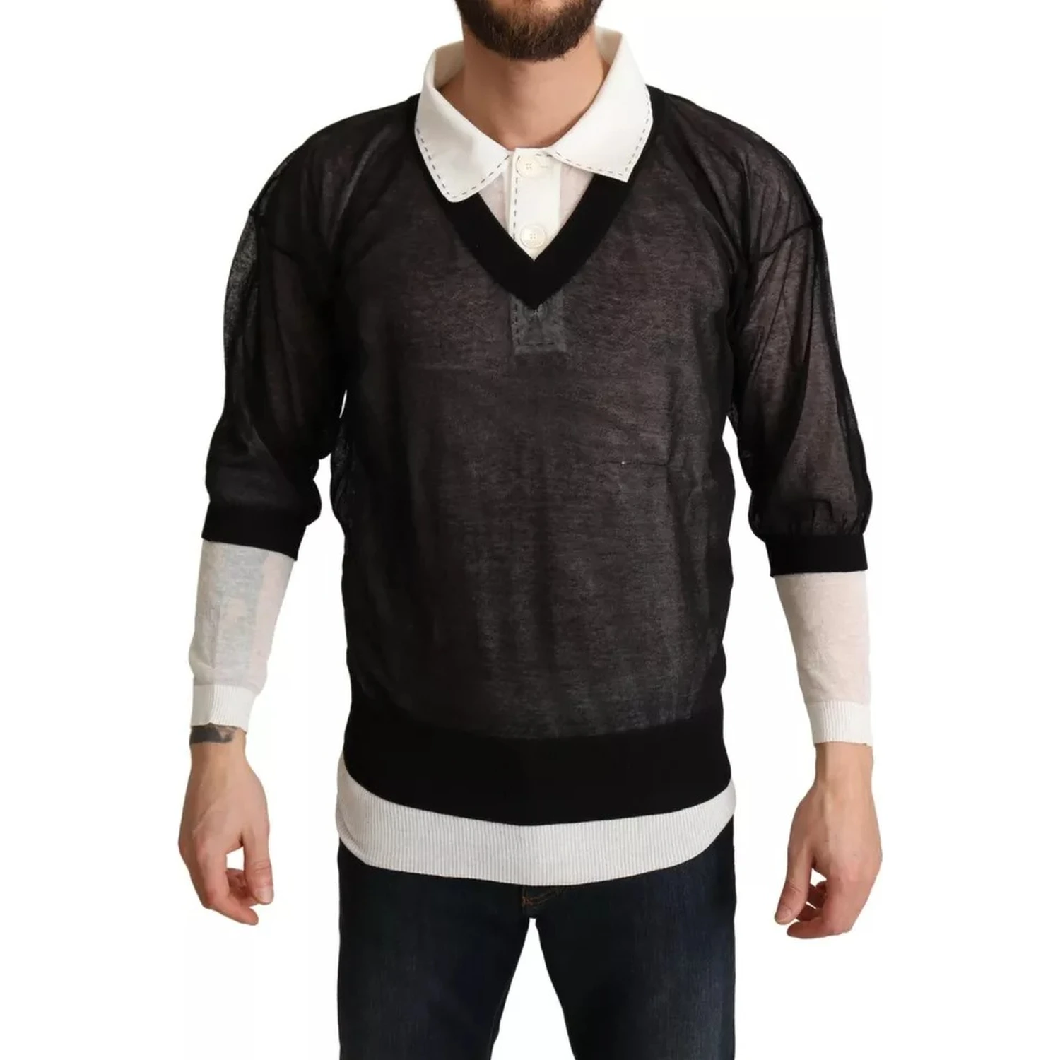 Black White Shirt One Piece Pullover Sweater