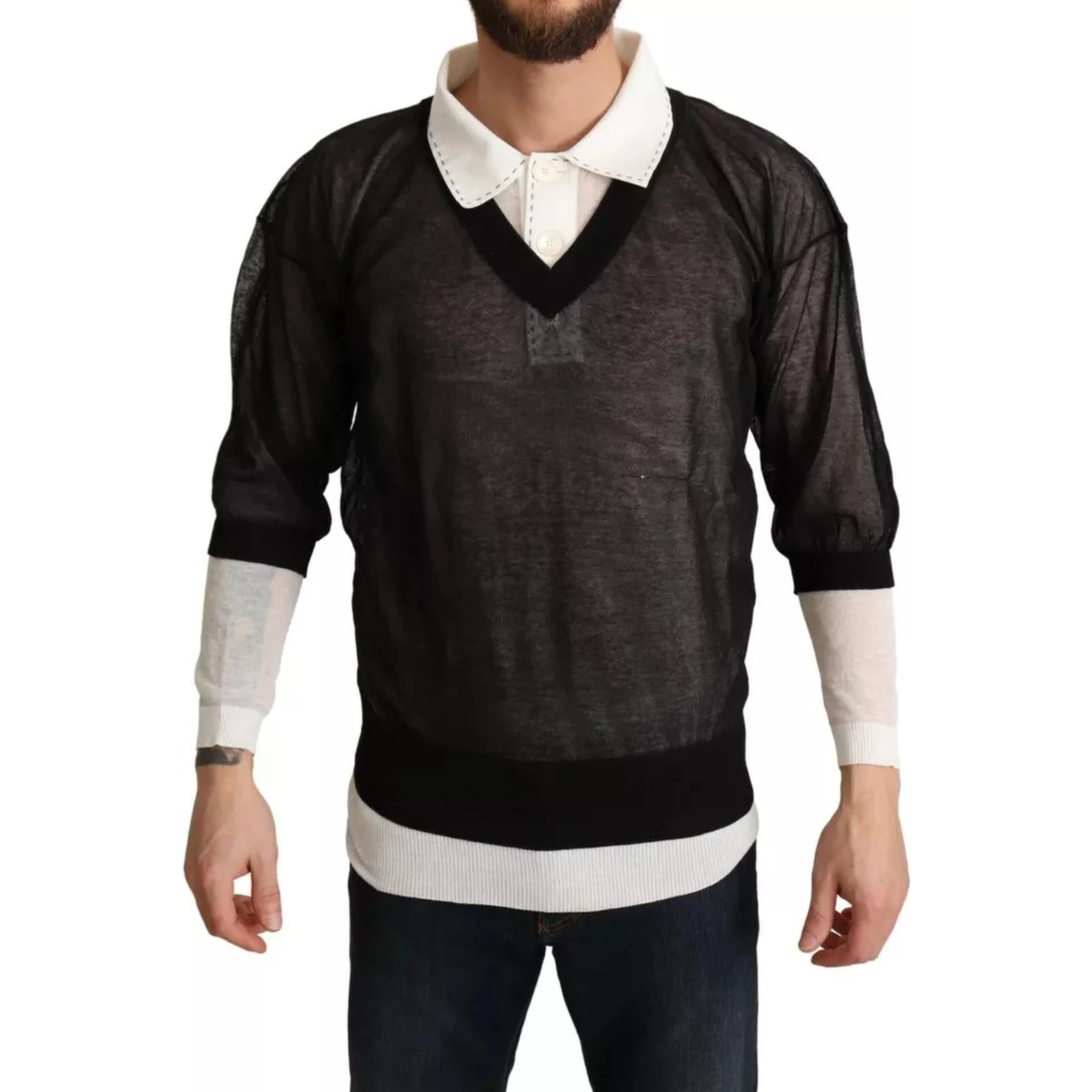 Black White Shirt One Piece Pullover Sweater