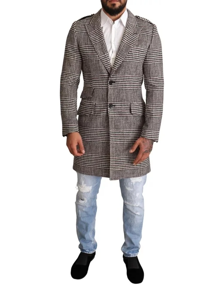 Gray Check Plaid Long Trench Coat Jacket