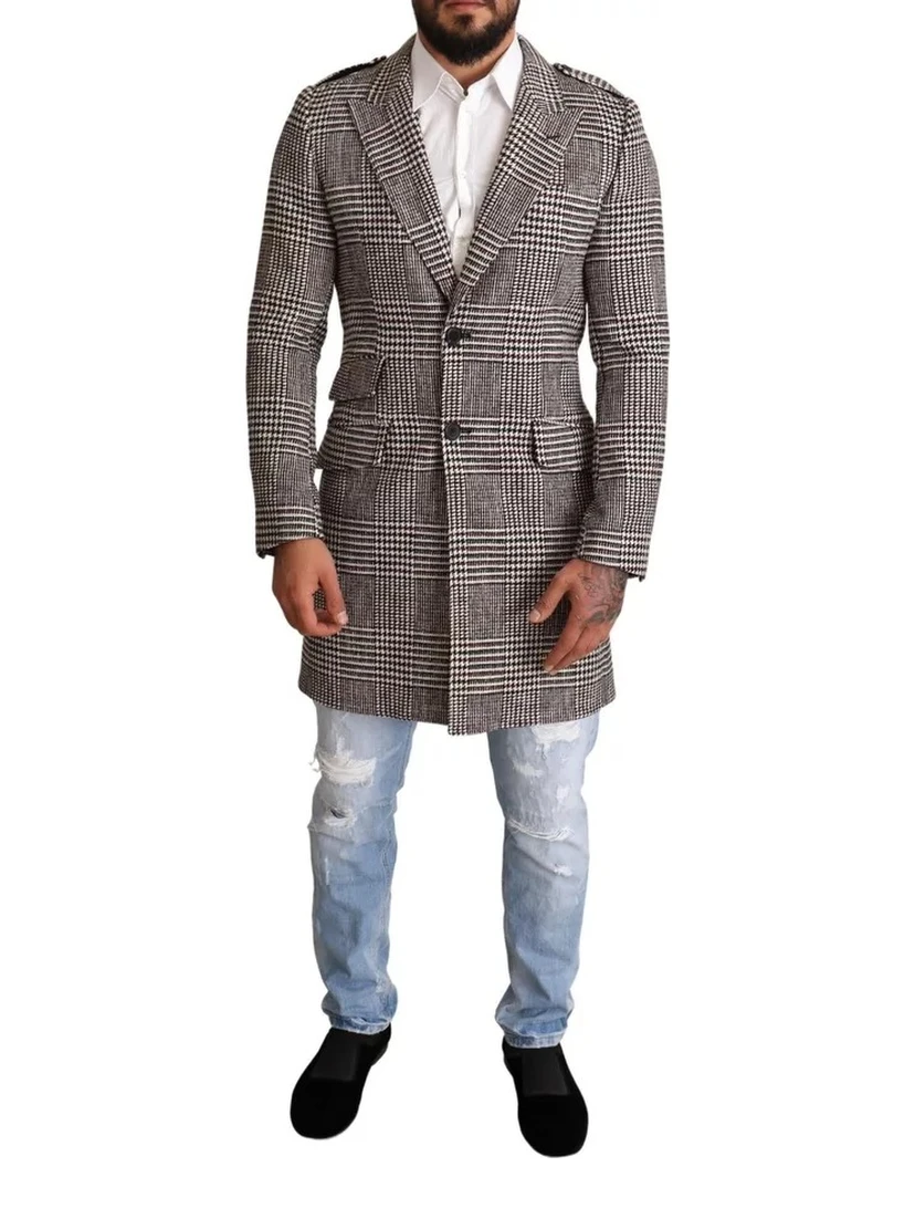 Gray Check Plaid Long Trench Coat Jacket