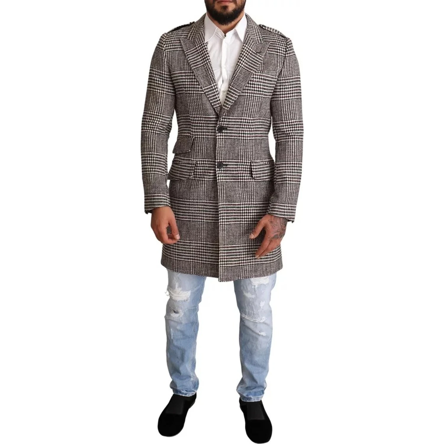Gray Check Plaid Long Trench Coat Jacket