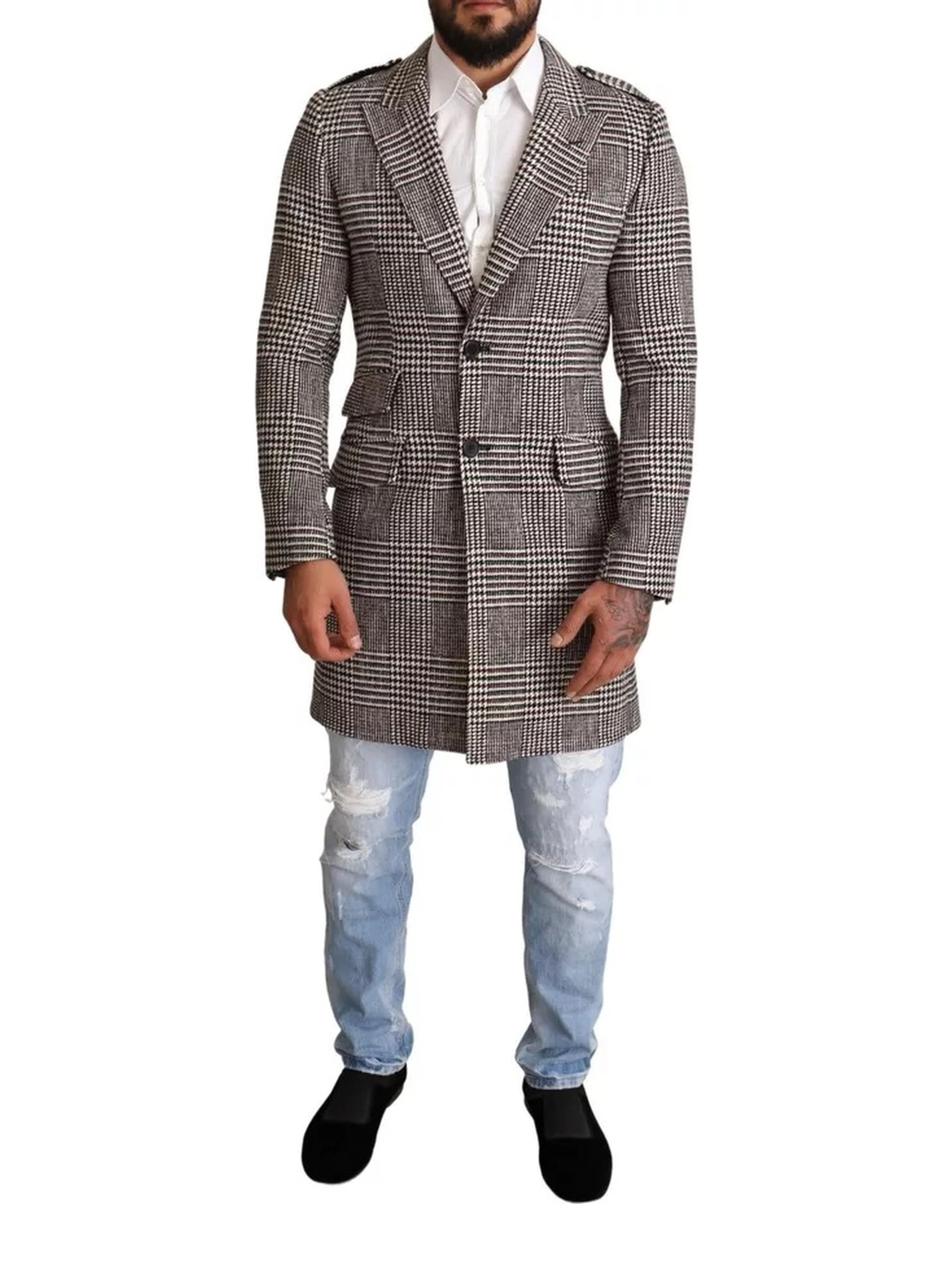 Gray Check Plaid Long Trench Coat Jacket