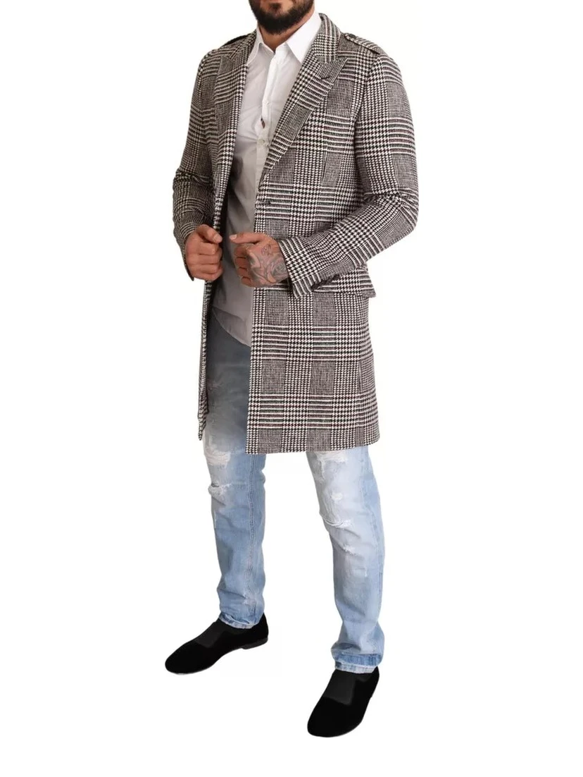 Gray Check Plaid Long Trench Coat Jacket