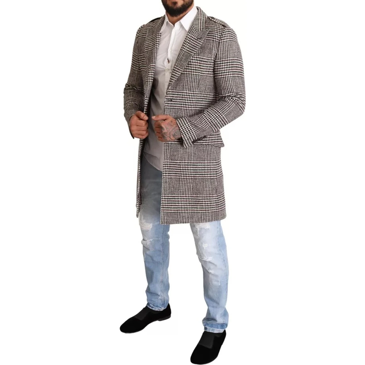 Gray Check Plaid Long Trench Coat Jacket