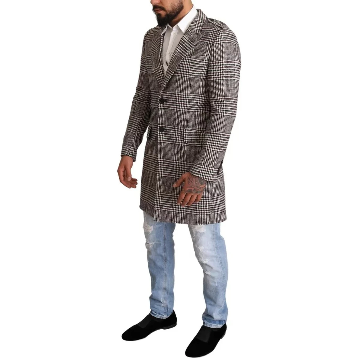 Gray Check Plaid Long Trench Coat Jacket