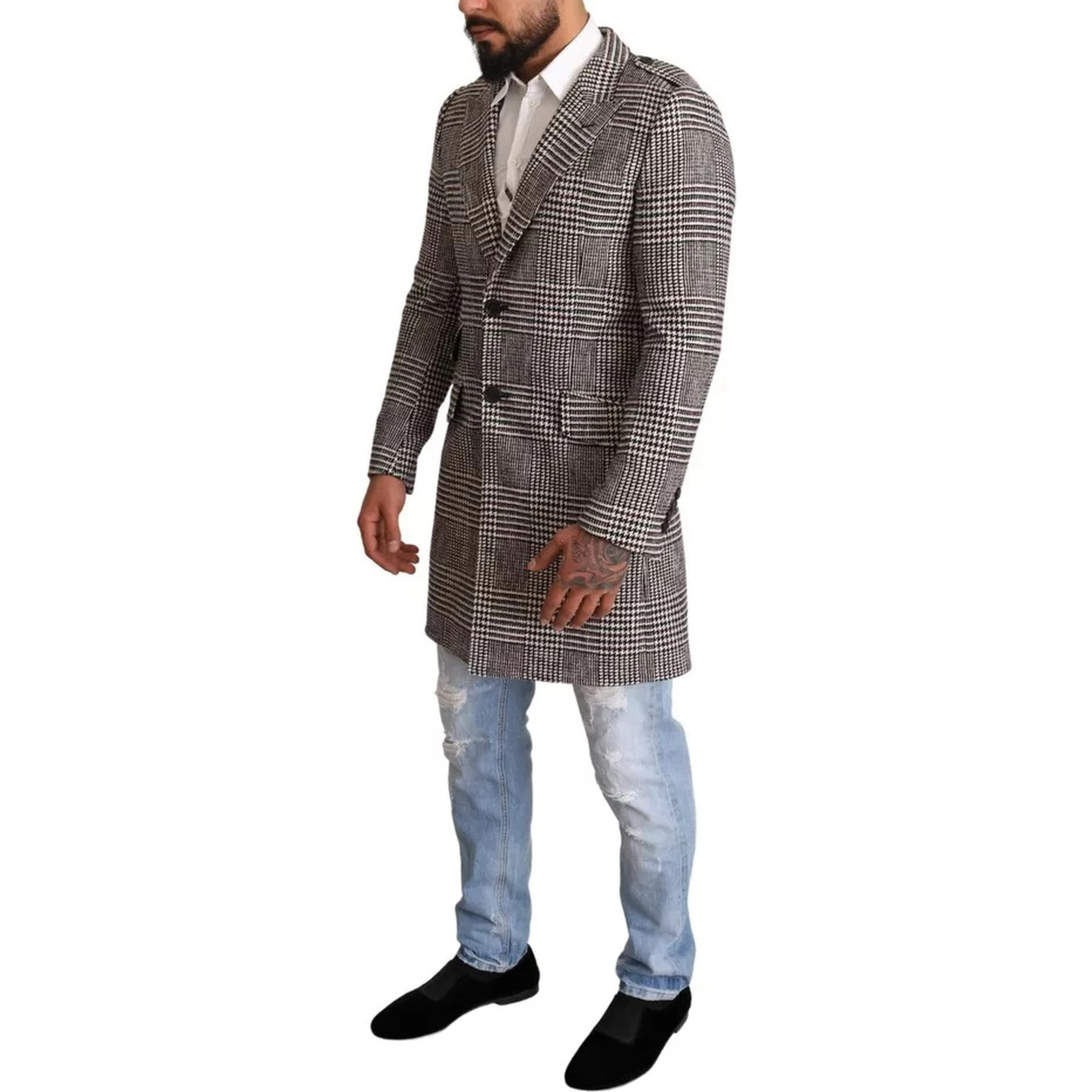 Gray Check Plaid Long Trench Coat Jacket
