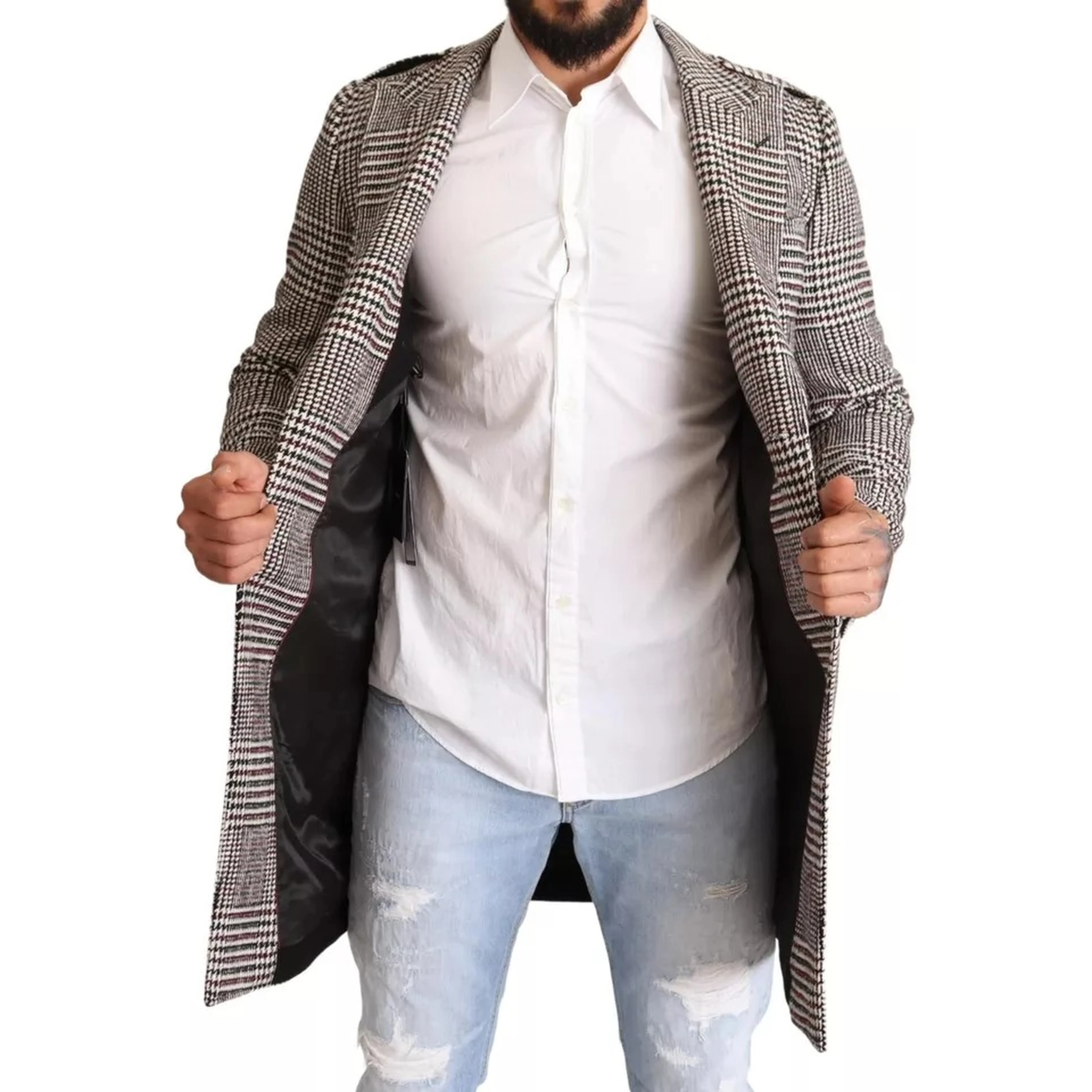 Gray Check Plaid Long Trench Coat Jacket