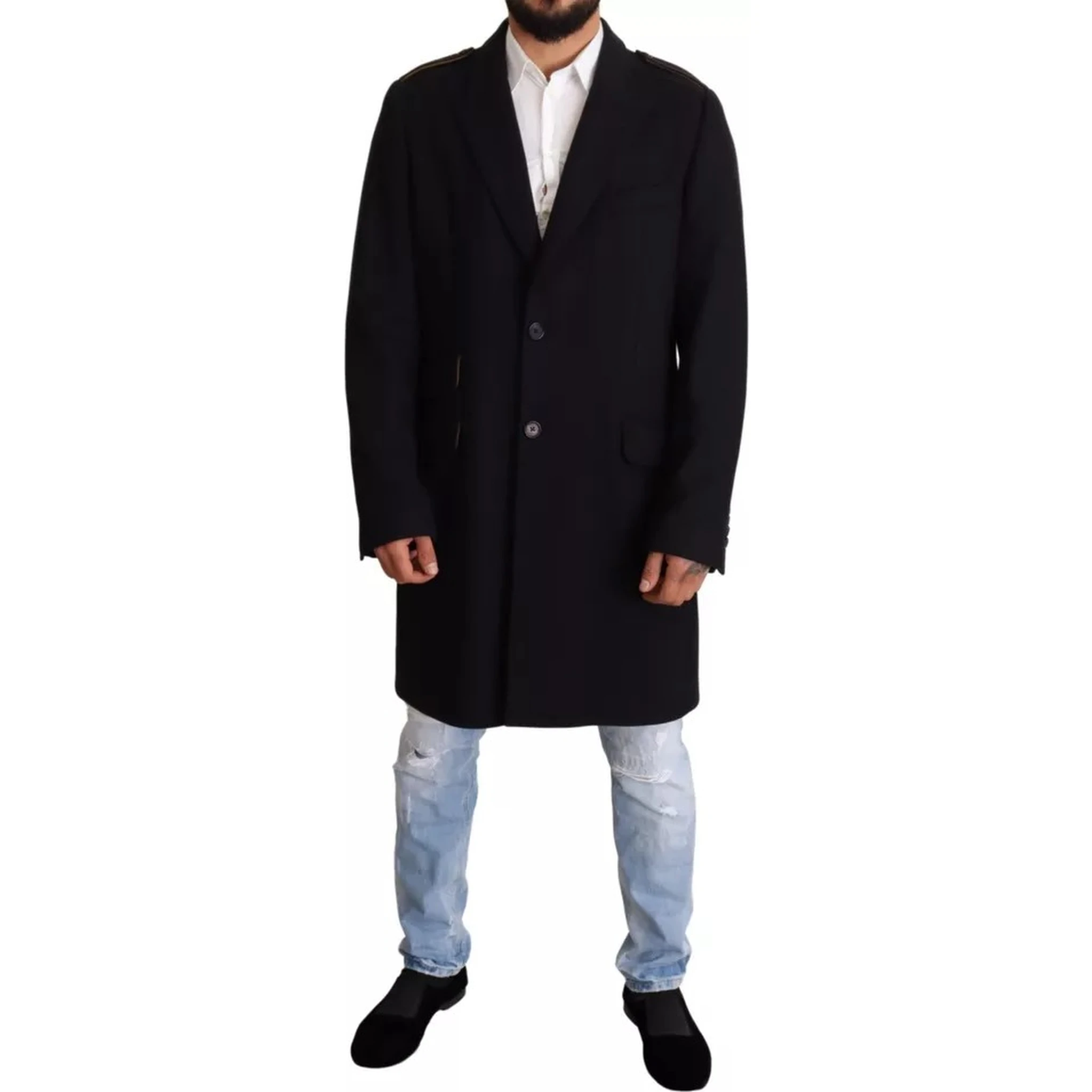 Blue Trench Coat Long Wool Stretch Jacket