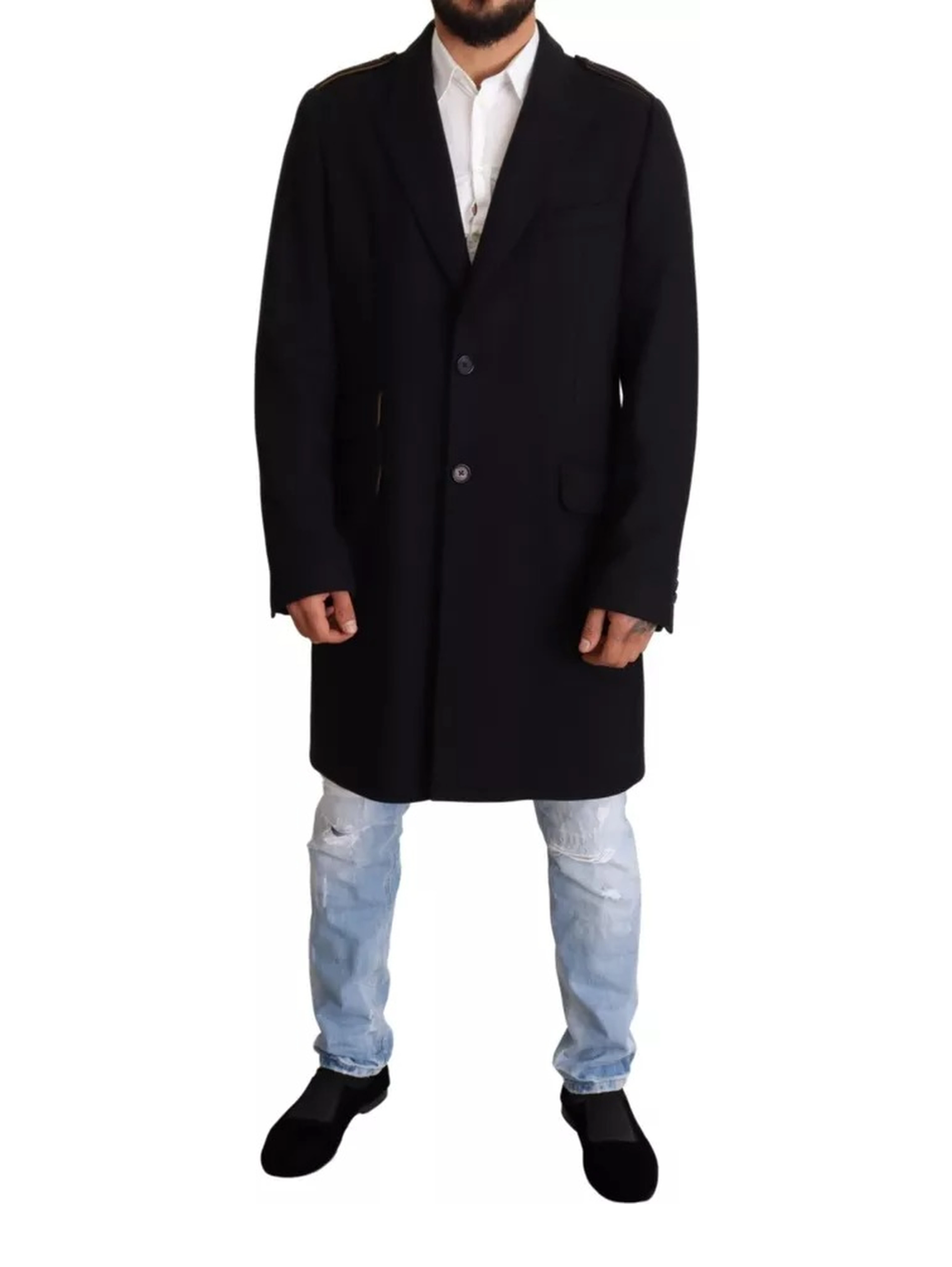 Blue Trench Coat Long Wool Stretch Jacket
