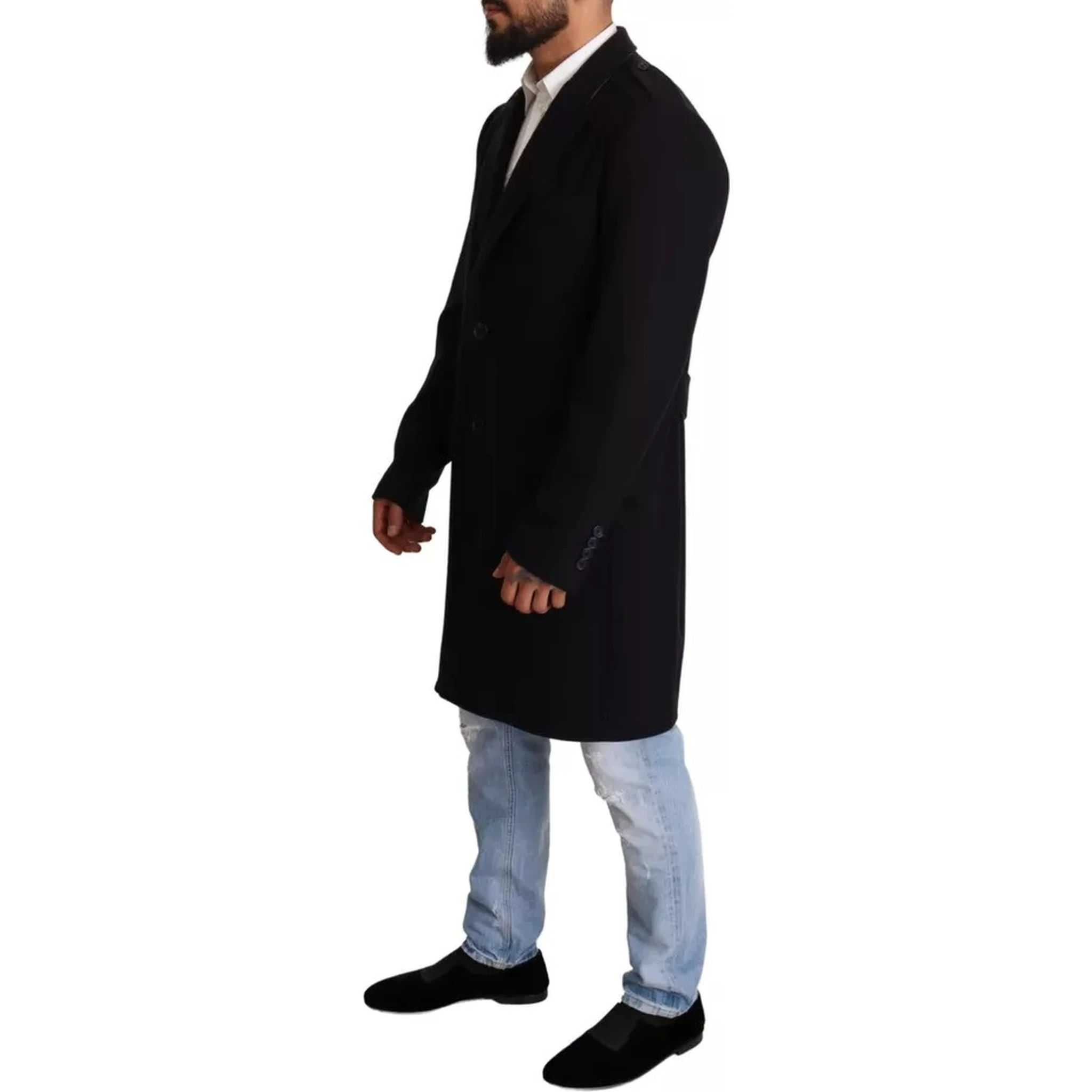 Blue Trench Coat Long Wool Stretch Jacket