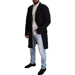 Blue Trench Coat Long Wool Stretch Jacket