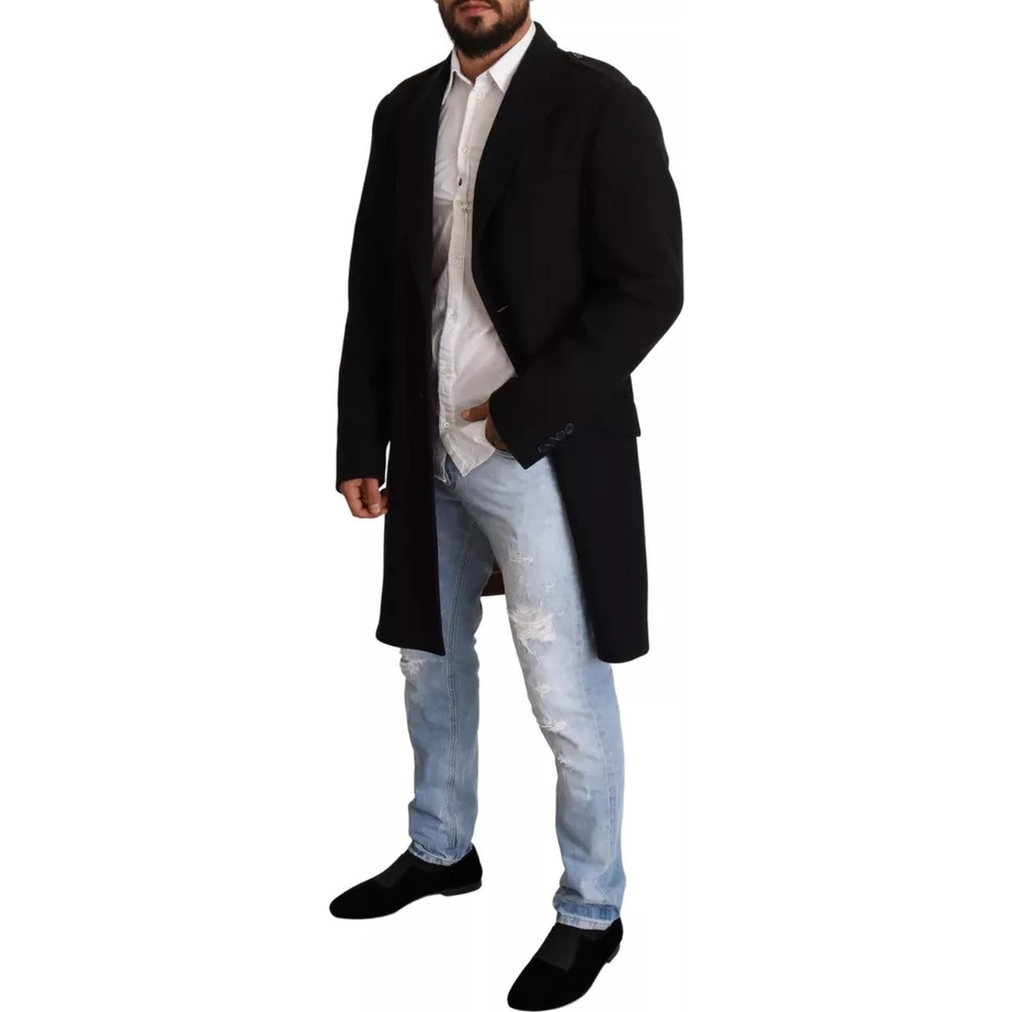 Blue Trench Coat Long Wool Stretch Jacket