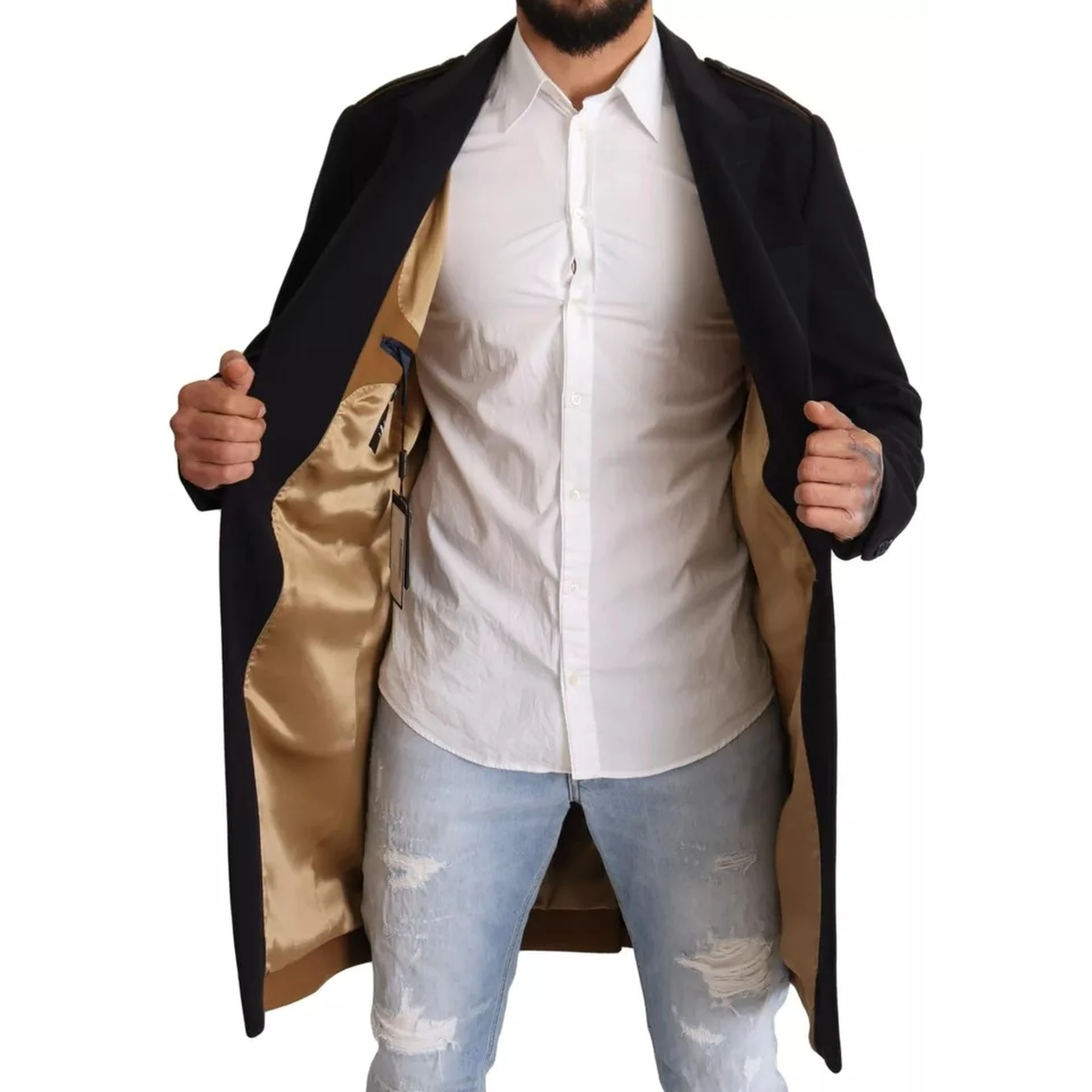 Blue Trench Coat Long Wool Stretch Jacket