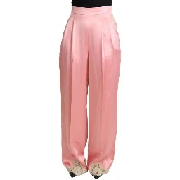 Pink Lace Trimmed Silk Satin Wide Legs Pants