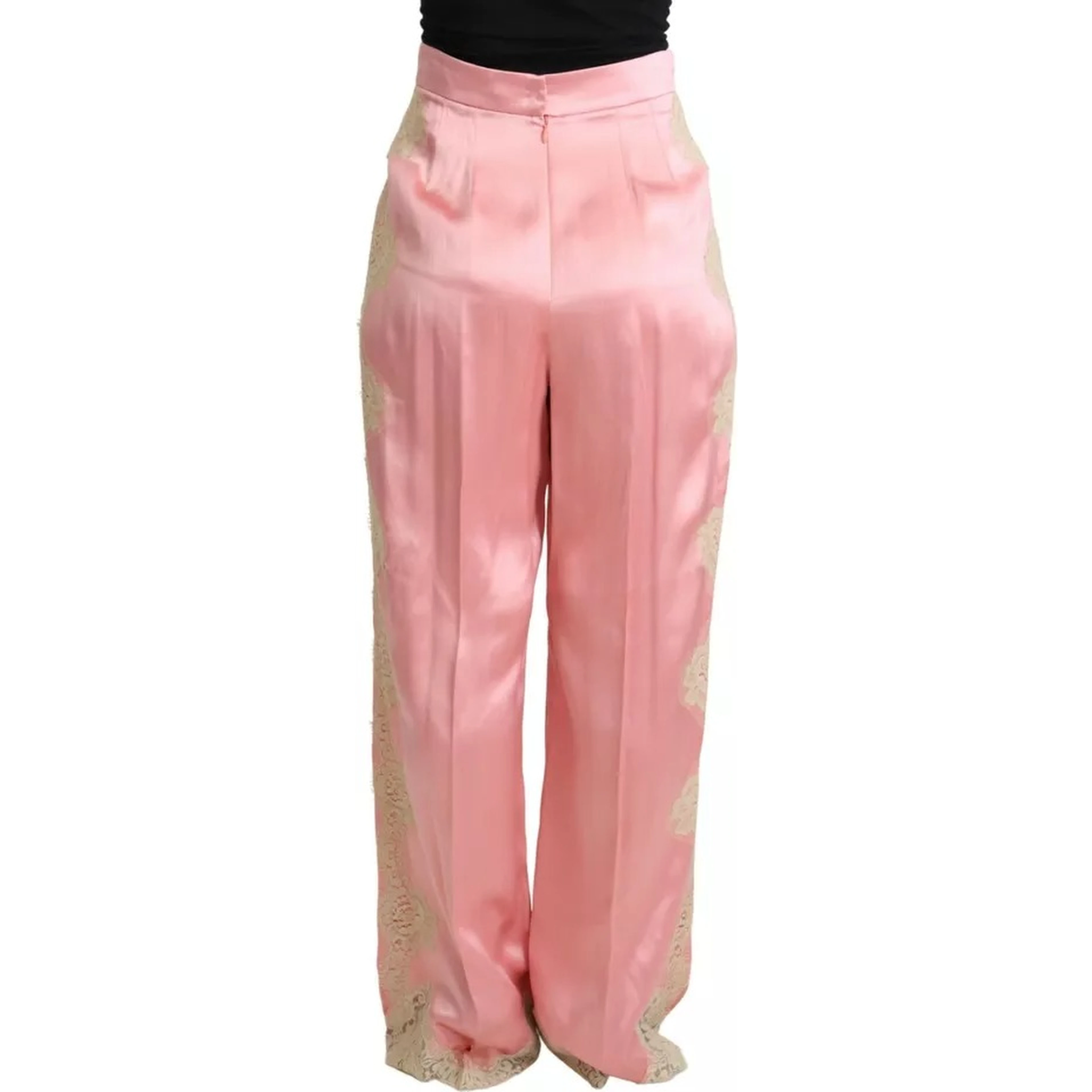 Pink Lace Trimmed Silk Satin Wide Legs Pants