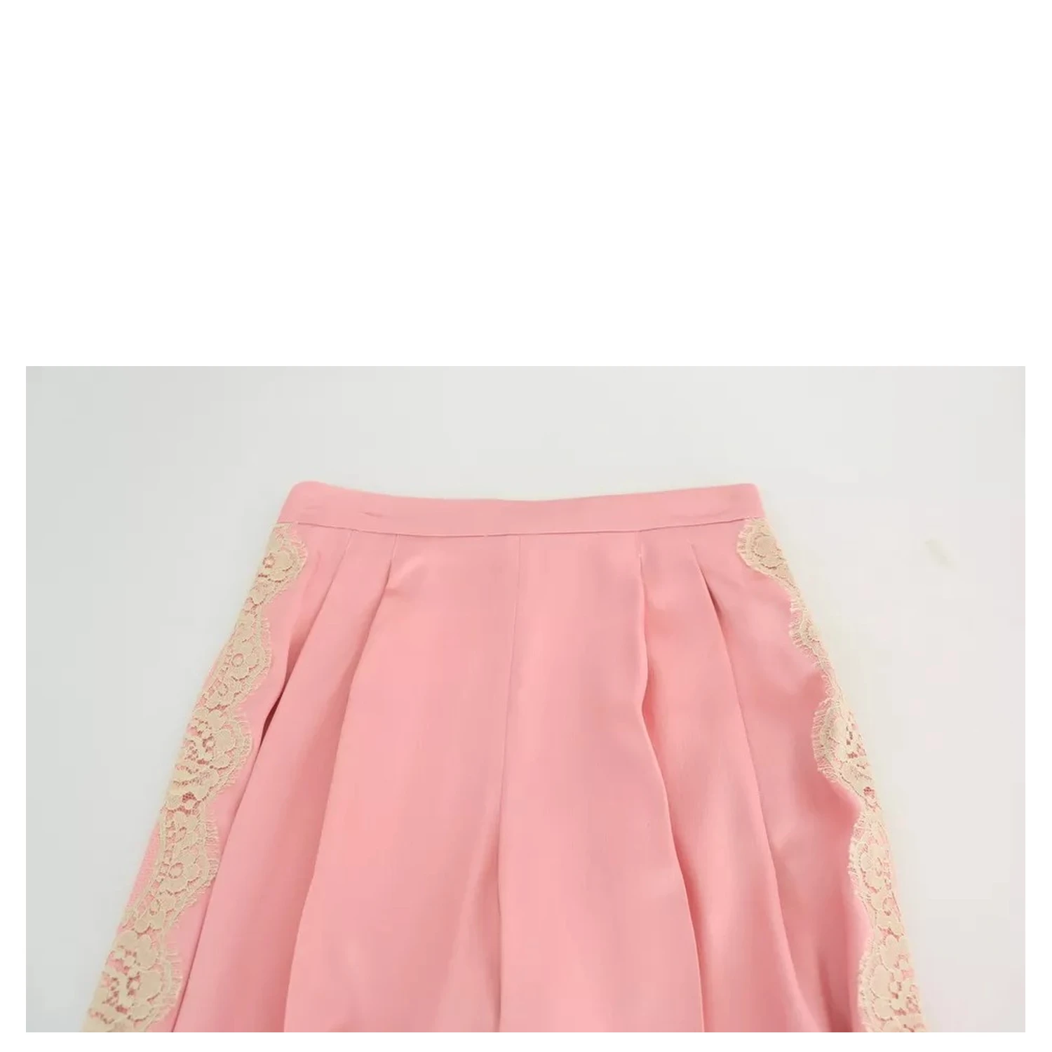 Pink Lace Trimmed Silk Satin Wide Legs Pants